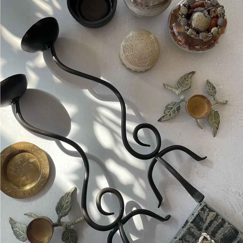 Vintage Black Metal Wrought Iron Scroll Spiral Candle Holders
